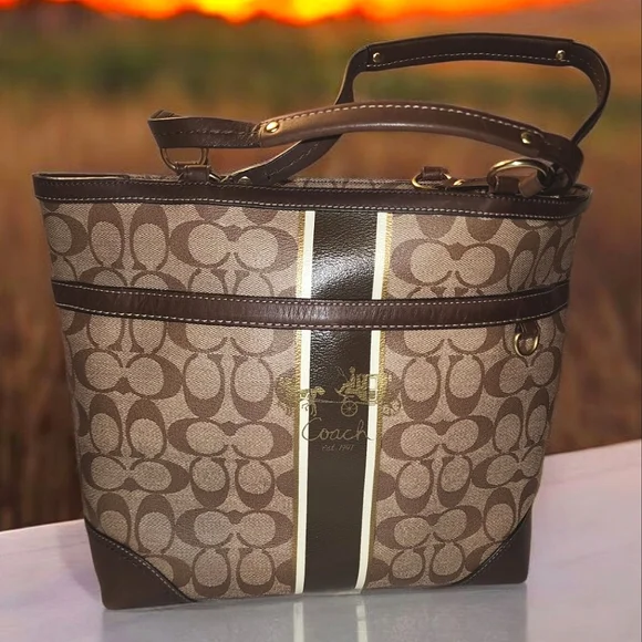 Coach Brown Signature Stripe Canvas Satchel with Gold Accents - Picture 1 of 7